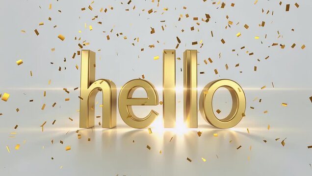 Festive 4K animated video of the word Hello rendered in a luxurious gold texture accompanied by numerous gold confetti pieces highly suitable for use in invitations greeting cards social media posts