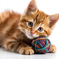 Cute Ginger Kitten Playing with Colorful Yarn Ball