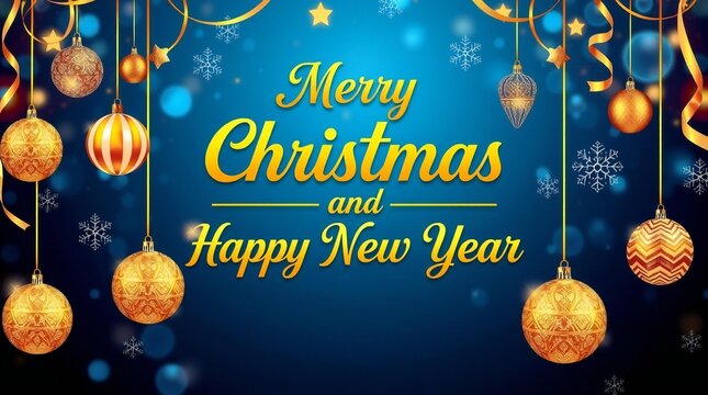 Festive merry christmas and happy new year greeting with ornaments and snowflakes - Powered by Adobe