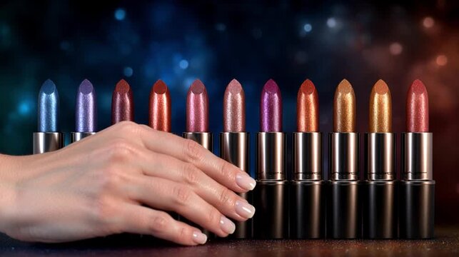 Vibrant sparkling lipsticks shimmer elegantly, ready to amplify glamour and beauty trends
