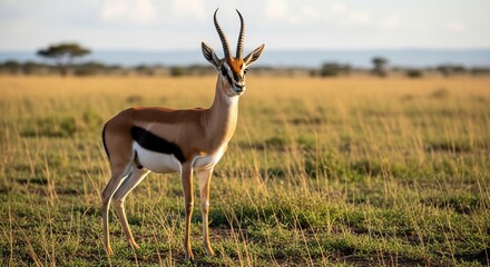 Fototapeta premium Graceful gazelle standing in open grassland, showing slender body, horns, and alert posture under warm natural sunlight.