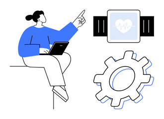 Woman sitting with laptop and pointing at smartwatch heart monitor. Gear symbolizes technology, innovation, and digital health. Ideal for wellness, fitness, data, gadgets, healthcare tech
