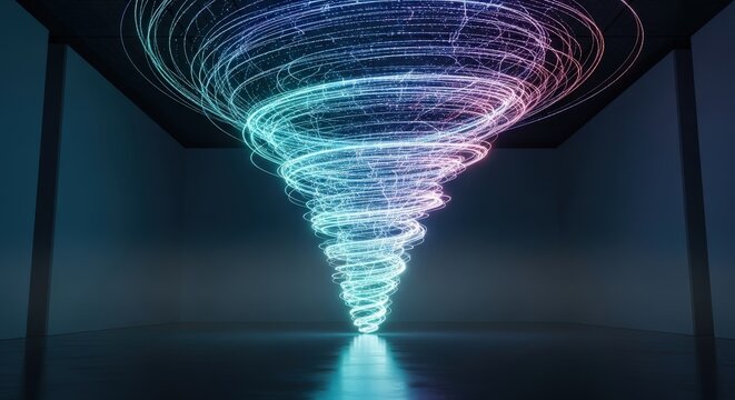Abstract swirling vortex of colorful glowing light trails in a dark futuristic environment