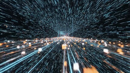 Dynamic visualization of digital data streams with neon outlines and glowing particles resembling a futuristic cyberspace network scene - Powered by Adobe