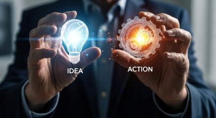 Businessman holding a glowing light bulb representing an idea and a gear representing action