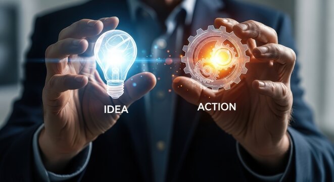 Businessman holding a glowing light bulb representing an idea and a gear representing action