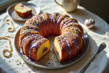 Festive bundt cake with purple glaze and colorful sprinkles on white tablecloth