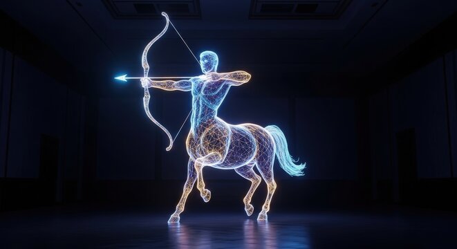 Glowing neon centaur archer constellation symbol on dark background