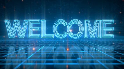 Dynamic welcome sequence with glowing neon word on a futuristic grid, perfect for gaming intros and modern technology presentations with a friendly vibe
