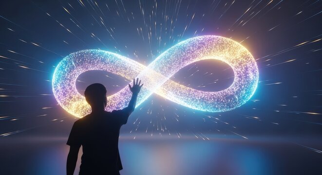 Person reaching towards a glowing digital infinity symbol in a futuristic abstract background