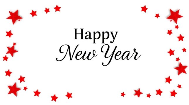 Happy new year text with red stars on white background