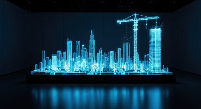 Futuristic glowing blue digital city skyline with construction cranes at night - Powered by Adobe