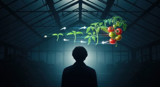 Silhouette of a person looking up at a glowing digital plant growth visualization