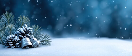 Winter Christmas Background with Festive Pine Cones, Silver Bells, and Falling Snowflakes