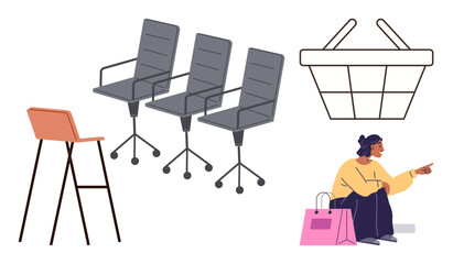Fototapeta premium Office chair lineup, tall stool, empty basket outline, woman pointing with shopping bags. Ideal for retail, workplace setup, shopping trends, customer service, modern furniture consumer behavior