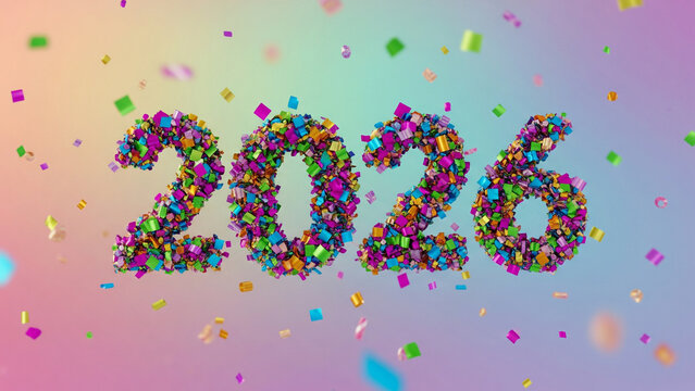 A vibrant confetti background with soft gradient colors and a subtle 2026 form, ideal for party designs and festive templates.