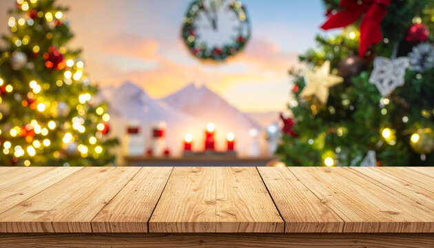 Festive Christmas product display on rustic wooden table with decorated trees and glowing candles, creating a warm and inviting holiday atmosphere indoors