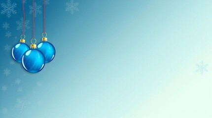 Three blue christmas ornaments hanging on a soft blue background with snowflakes