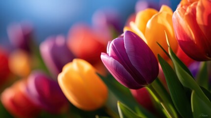 Close-up of Vibrant Colorful Spring Tulips with a Purple Flower in Focus