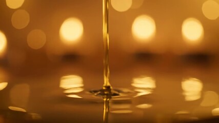 Golden liquid pouring and flowing into reflective surface with warm bokeh - Powered by Adobe