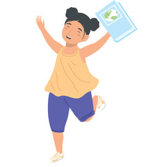 Joyful young girl with dark hair in buns wearing an orange tank top and blue shorts holding a light blue book with a globe illustration celebrates with arms raised and one leg lifted in excitement