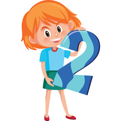 Joyful Young Girl with Orange Hair Holds Large Blue Number Two Against White Background Wearing Blue T-shirt Teal Skirt and Red Shoes