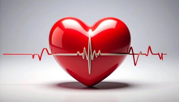 Glossy red heart with a pulsing waveform overlay on a gradient white background