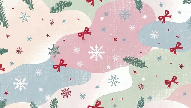 Pastel winter wonderland with snowflakes and bows gently falling for festive holiday spirit and magical Christmas cheer