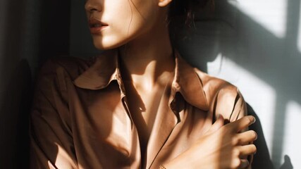 Stylish woman showcasing her bracelet collection in soft, warm light, perfect for jewelry ads and fashion videos highlighting elegance and sophistication