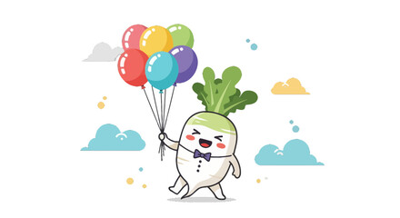 Naklejka premium Joyful Radish Character Holding Balloons, Positive and Delightful in a Black Sky
