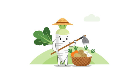 Obraz premium Joyful Radish Farmer Harvesting Fresh Vegetables Under a Cloudy Sky