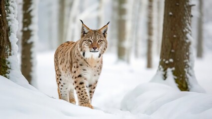 Fototapeta premium Young Eurasian Lynx Walking Through Snowy Winter Forest