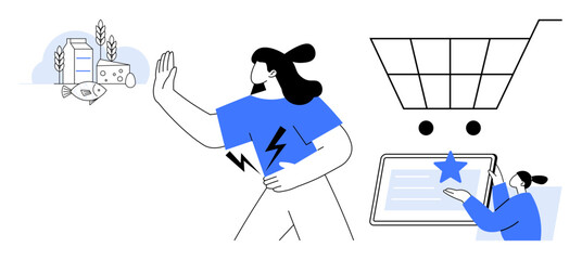 Woman holding her stomach, rejecting milk and cheese icons, large shopping cart symbol, person using tablet with rating star. Ideal for health, dietary choices, allergies, consumer habits, online