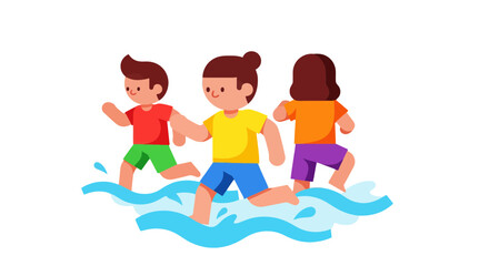 Joyful Trio Run Through Water Creating a Playful and Animated Illustration
