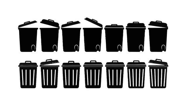 Vector illustration&nbsp;of collection of black silhouette icons representing trash can and garbage bin in various open and closed positions isolated on transparent background 