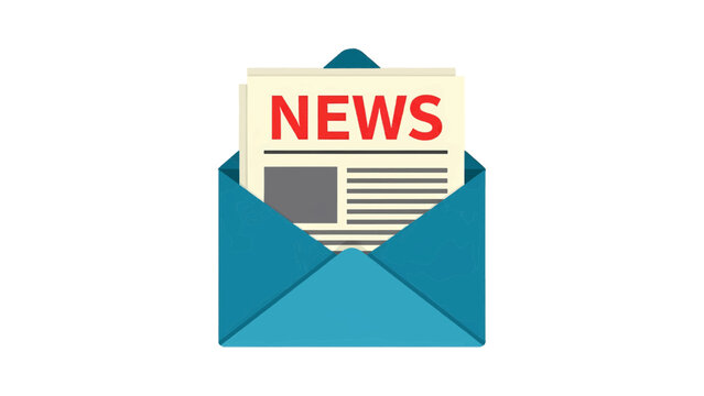 Vector illustration of blue open envelope with newspaper clipping showing the word news in red text isolated on transparent background 