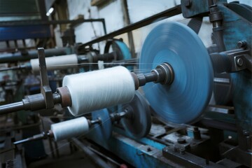 Industrial textile spinning machine in operation with rotating spools and thread