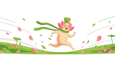 Obraz premium Joyful Lotus Creature Running Across A Vibrant Green Landscape With Flowing Elements