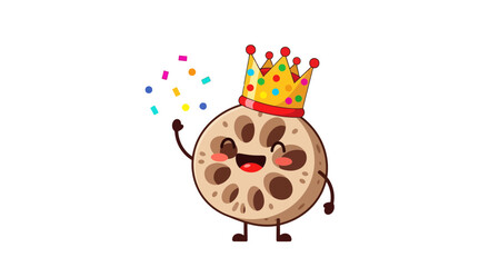 Fototapeta premium Joyful Lotus Root Cartoon King Celebrating With Colorful Confetti In the Dark