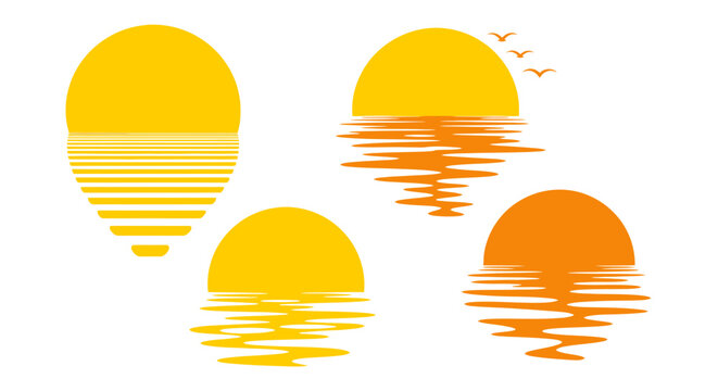 A collection of vibrant sun illustrations in vector format, featuring various styles of water reflections and a minimalist aesthetic, perfect for design projects and creative compositions.