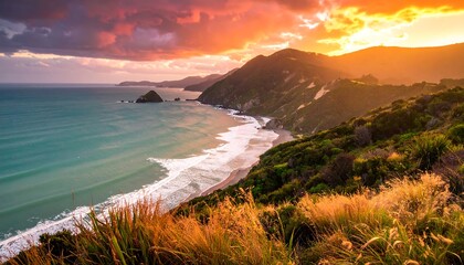 Scenic coastal cliffs bathed in golden sunset light above turquoise ocean waves.