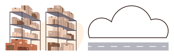 Stacked boxes on industrial racks beside a cloud outline and road strip symbolizing logistics, storage, delivery, supply chain, digitalization, innovation, connectivity, simple flat metaphor