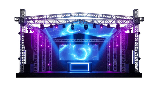 Vector illustration&nbsp;of modern concert stage setup with truss structure, blue and purple lighting, isolated on transparent background 