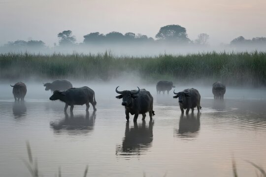 Water buffaloes standing in a misty wetland at dawn