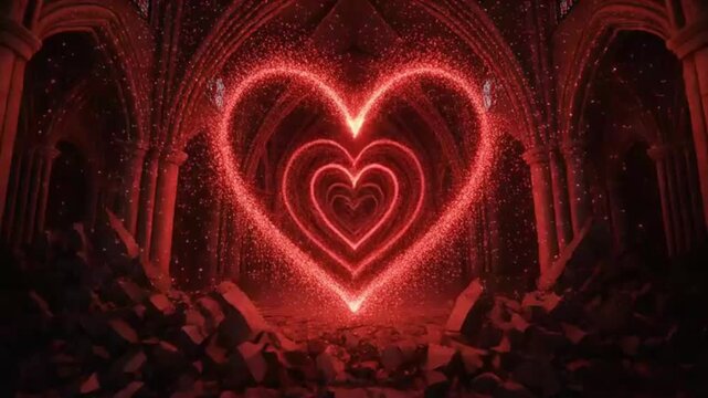 Love's Red Glow Heart-Shaped Light in Ruined Cathedral for Valentine's