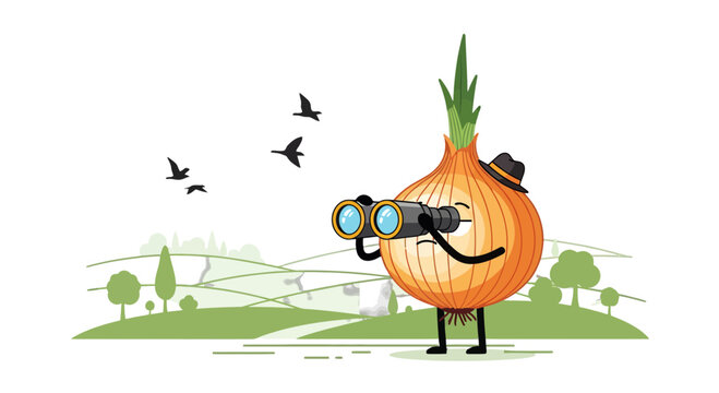 Onion Character With Binoculars Observing Birds And Rolling Hills On Black Background