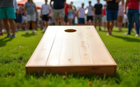 A corn hole game board placed on a green grass field during a local party event. High quality