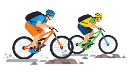 Fototapeta premium Mountain Bikers Engage In Intense Cycling Adventure Against A Stark Black Backdrop