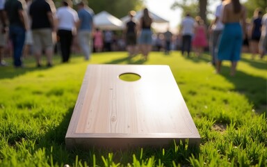 A corn hole game board placed on a green grass field during a local party event. High quality