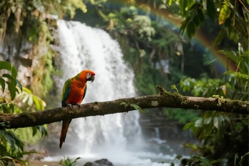 A vibrant macaw perches on a branch in front of a cascading waterfall with a rainbow in a lush tropical forest.